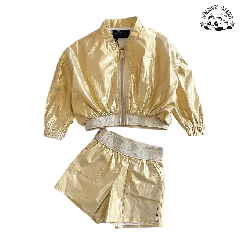 LEZONKIDS - Customizable Golden Jacket Shorts Set Casual Western Style Girls Spring Season Solid Pattern Ribbed Outfit Set